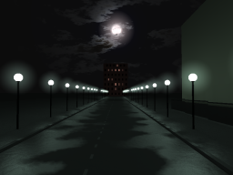 [Pleine lune au bout d'une rue borde de lampadaires]